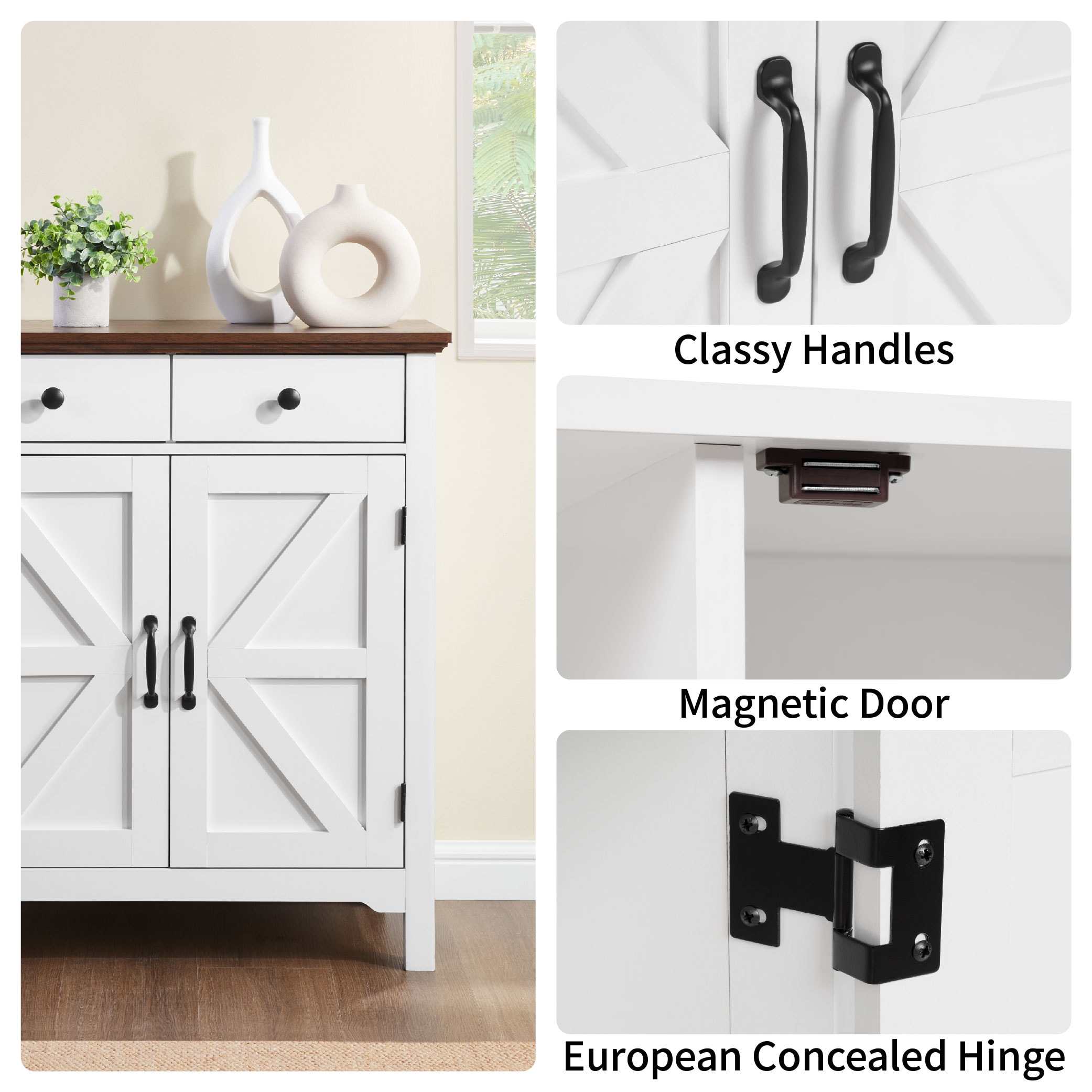 Farmhouse Buffet Cabinet With Drawer And Adjustable Shelf, Rustic White & Honey Brown Storage Cabinet, Barn Door Accent Sideboard For Kitchen, Living Room, Entryway_voghion.com